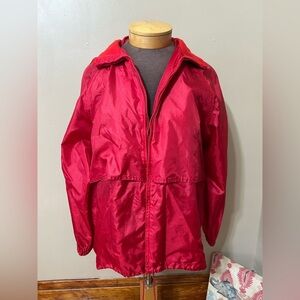 Eddie Bauer Mens Vintage Red Nylon Windbreaker Zip Up L Vented Packable Hood